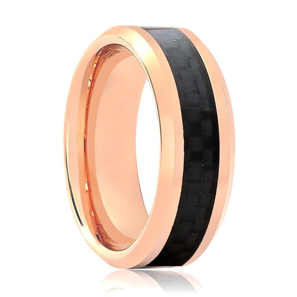 KAHLO | Rose Gold Tungsten Ring, Black Carbon Fiber Inlay, Beveled - Rings - Aydins Jewelry - 1
