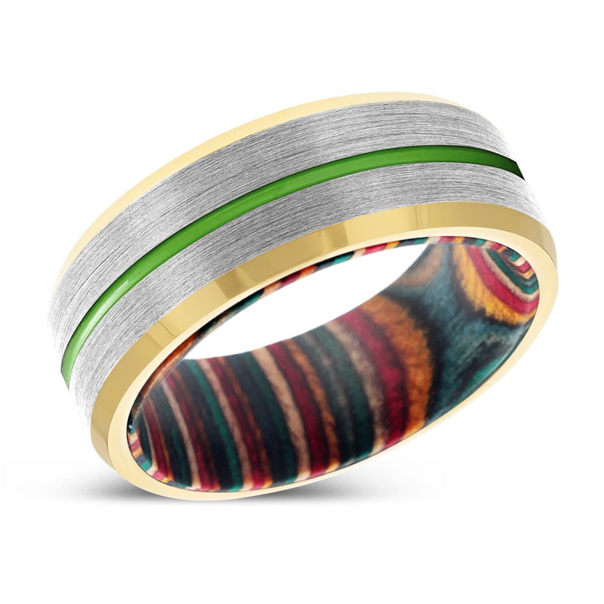 KAZAM | Multi Color Box Wood, Silver Tungsten Ring, Green Groove, Gold Beveled Edge - Rings - Aydins Jewelry - 2