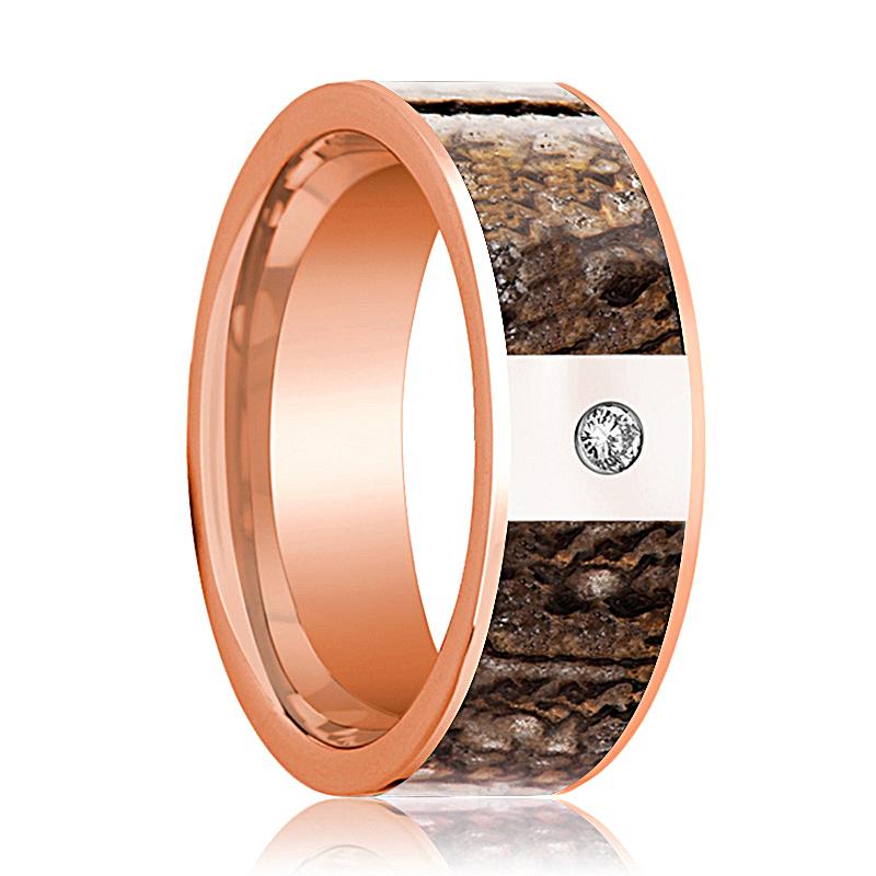 Dinosaur Bone inlay 14k rose gold wedding band with diamond, top view