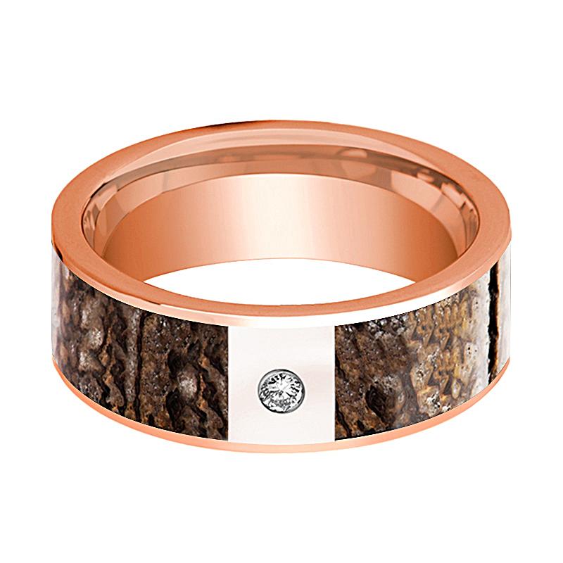 Dinosaur Bone inlay 14k rose gold wedding band with diamond, side profile