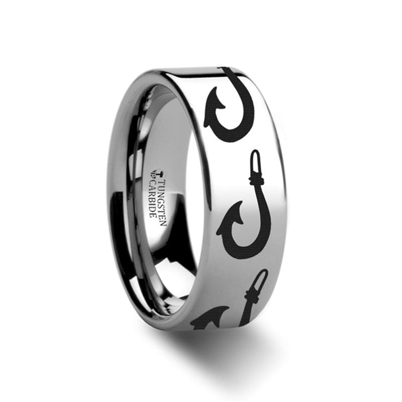 LARGE POLYNESIAN FISHING HOOK LASER ENGRAVED FLAT TUNGSTEN COUPLE MATCHING RING - 4MM - 12MM | Wedding RING | Aydins