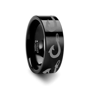Large Polynesian Fishing Hook Laser Engraved Flat Tungsten Carbide men's wedding band, image 2