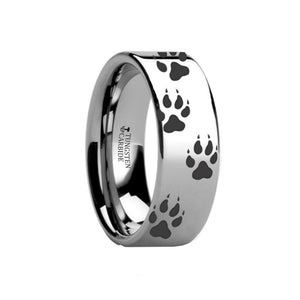 Laser Engraved Wolf Track Print Animal Design Flat Tungsten Carbide men's wedding band, image 1