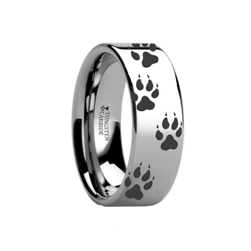 Laser Engraved Wolf Track Print Animal Design Flat Tungsten Carbide men's wedding band, image 1