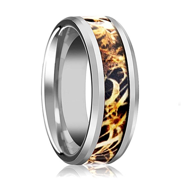 Leaves Grass Camouflage Inlaid Men's Tungsten Wedding Band with Bevels - 8MM - Rings - Aydins Jewelry - 1