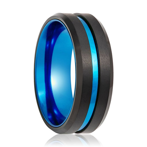 LELRA | Blue Tungsten Ring, Blue Groove, Beveled - Rings - Aydins Jewelry - 1