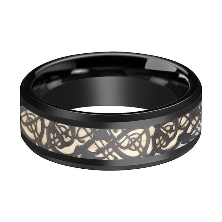 LEON | Black Tungsten Ring, Celtic Design Cutout Inlay, Beveled - Rings - Aydins Jewelry - 2