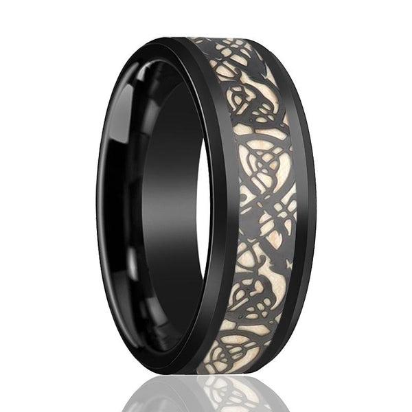 LEON | Black Tungsten Ring, Celtic Design Cutout Inlay, Beveled - Rings - Aydins Jewelry - 1