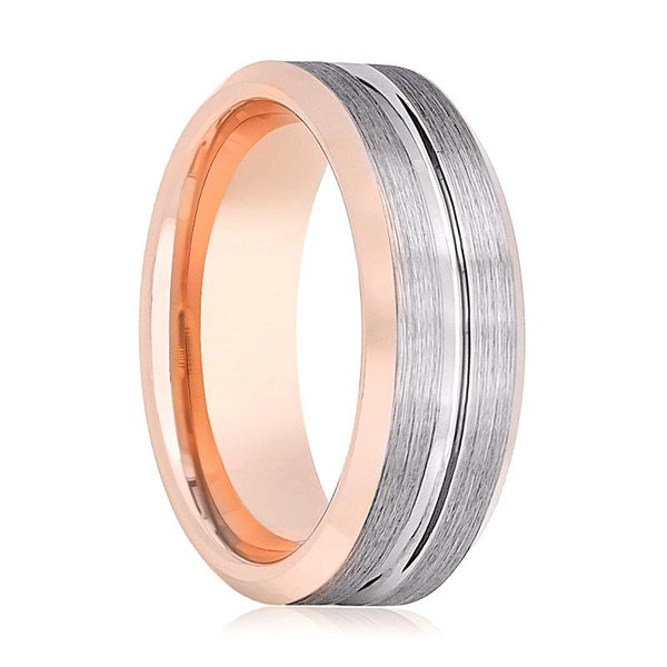 LEONINE | Rose Gold Tungsten Ring, Brushed, Grooved, Beveled Edge - Rings - Aydins Jewelry - 1