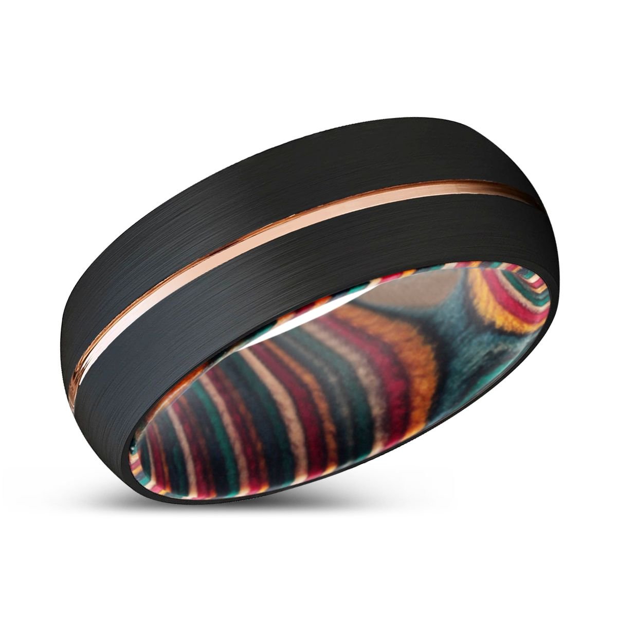 LUDOLF | Multi Color Wood, Black Tungsten Ring, Rose Gold Groove, Domed - Rings - Aydins Jewelry - 2