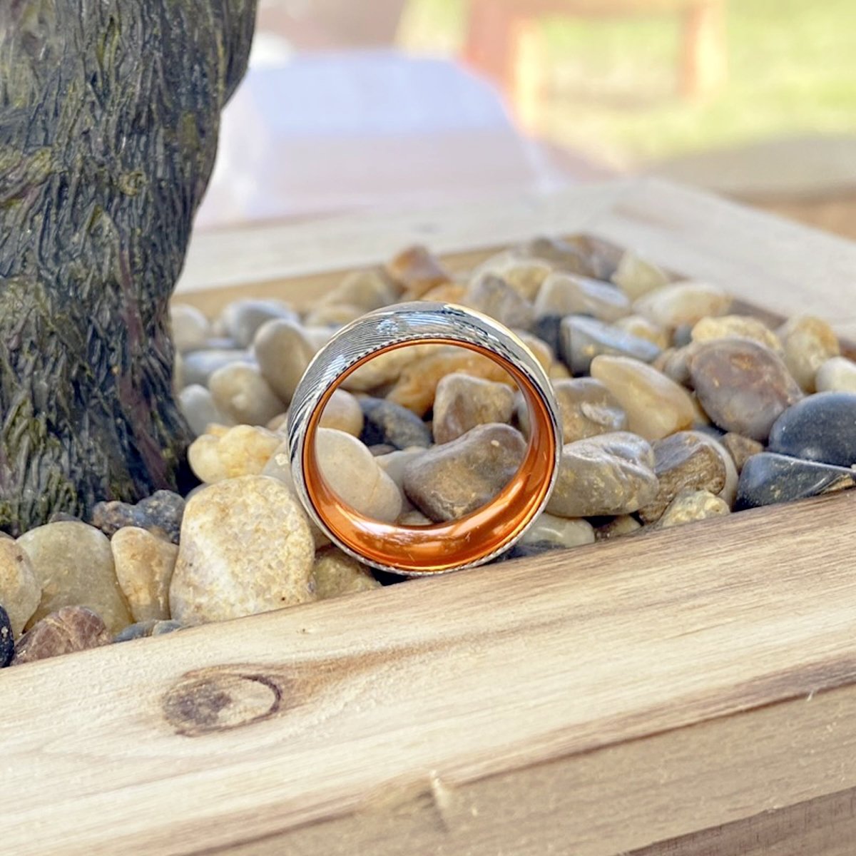 MANDRIN | Orange Ring, Silver Damascus Steel, Domed - Rings - Aydins Jewelry - 6