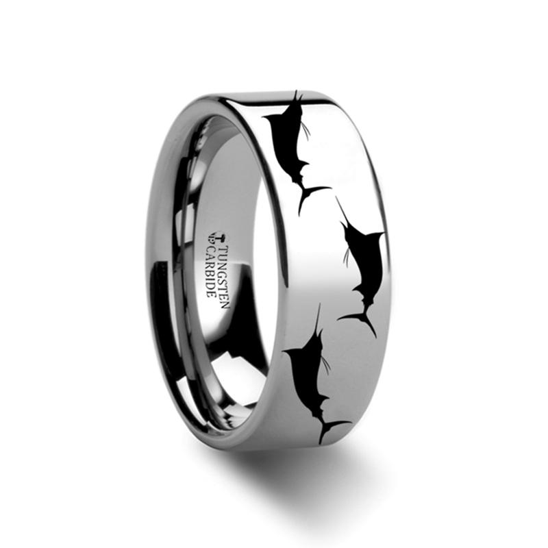 Marlin Fish Sea Pattern Print Engraved Flat Tungst Tungsten Carbide men's wedding band, image 1