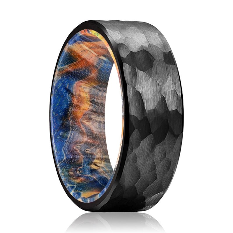 MASON | Blue & Yellow/Orange Wood, Black Tungsten Ring, Hammered, Flat - Rings - Aydins Jewelry - 1