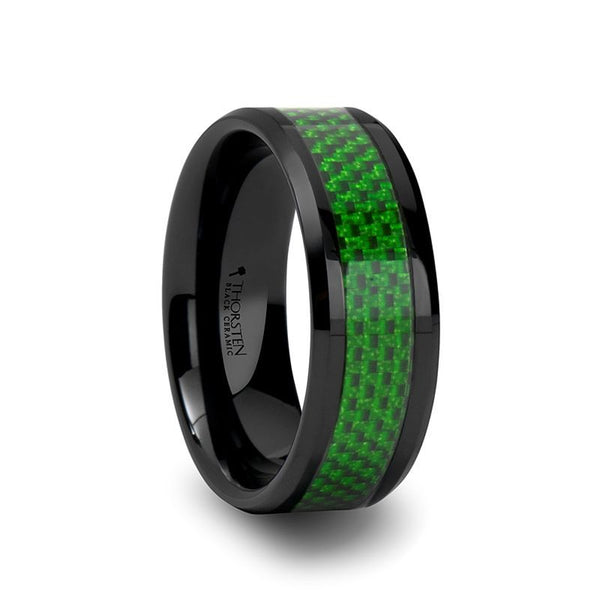 MATLAL | Black Ceramic Ring, Green Carbon Fiber Inlay, Beveled - Rings - Aydins Jewelry - 1