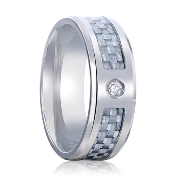 MAYBACH | Silver Titanium Ring, Diamond Stone, Light Gray Carbon Fiber Inlay, Beveled - Rings - Aydins Jewelry - 1