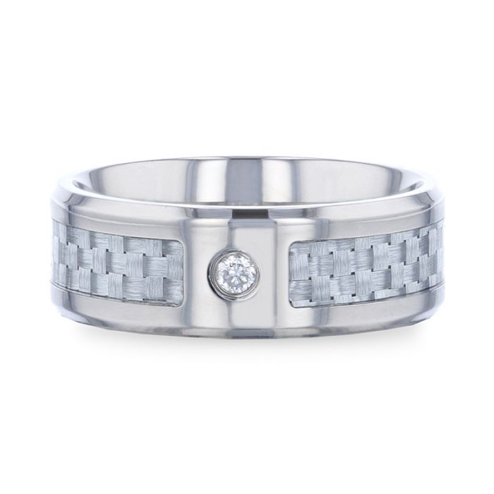 MAYBACH | Silver Titanium Ring, Diamond Stone, Light Gray Carbon Fiber Inlay, Beveled - Rings - Aydins Jewelry - 3