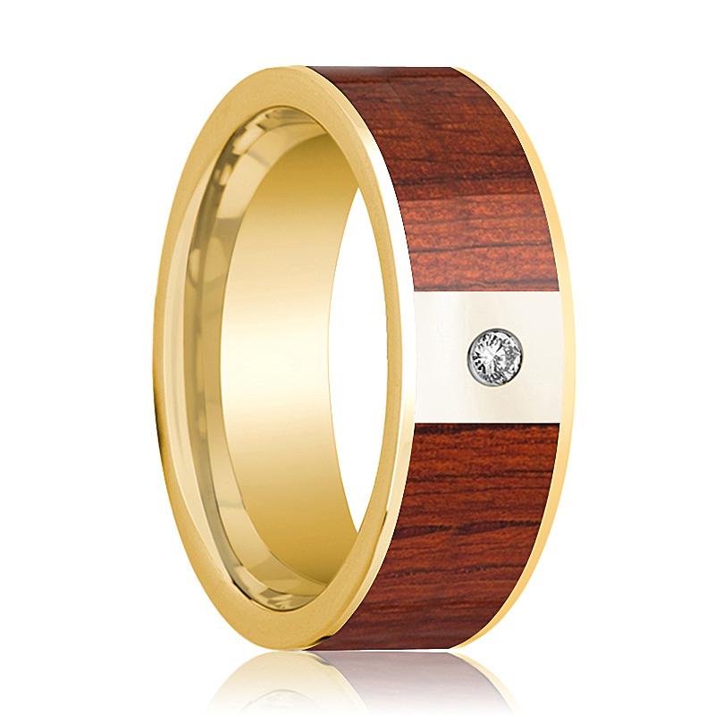Padauk Wood inlay 14k white gold wedding band 8mm with diamond, top view