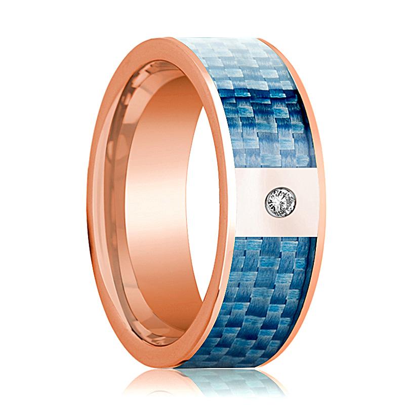 Blue Carbon Fiber inlay 14k rose gold wedding band 8mm with diamond, top view