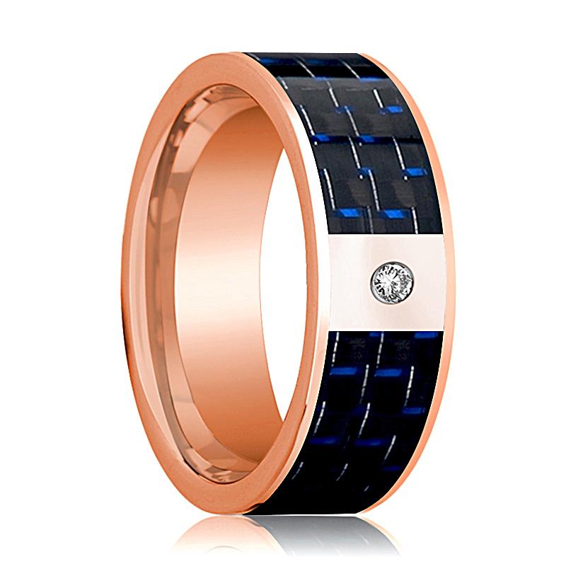 Black Carbon Fiber inlay 14k rose gold wedding band 8mm with diamond, top view