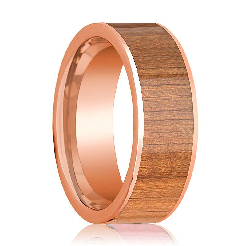 Cherry Wood inlay 14k rose gold wedding band 8mm, top view