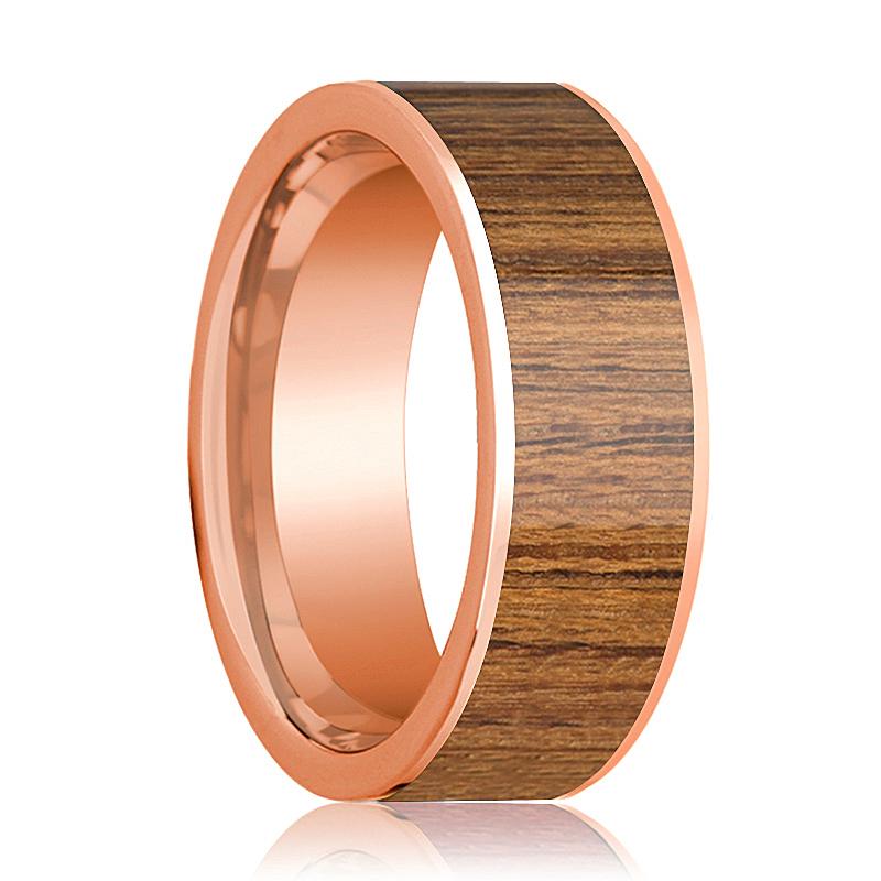 Teak Wood inlay 14k rose gold wedding band 8mm, top view
