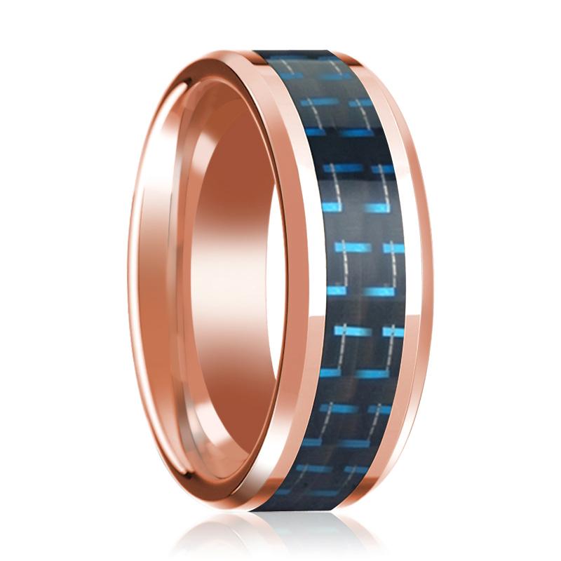 Blue Carbon Fiber inlay 14k rose gold wedding band 8mm, top view