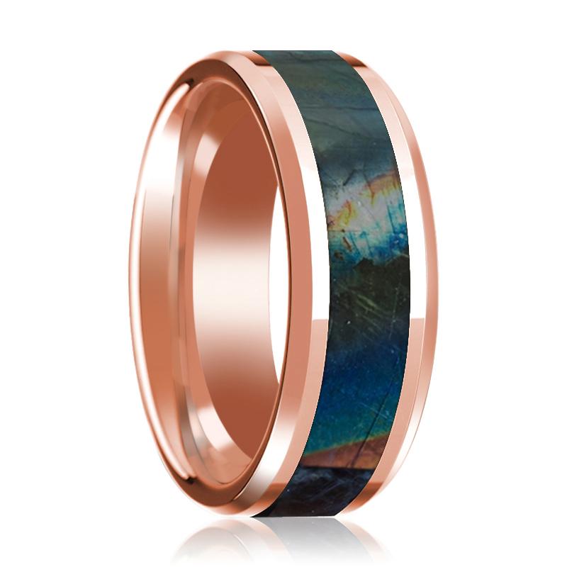 Spectrolite inlay 14k rose gold wedding band 8mm, top view