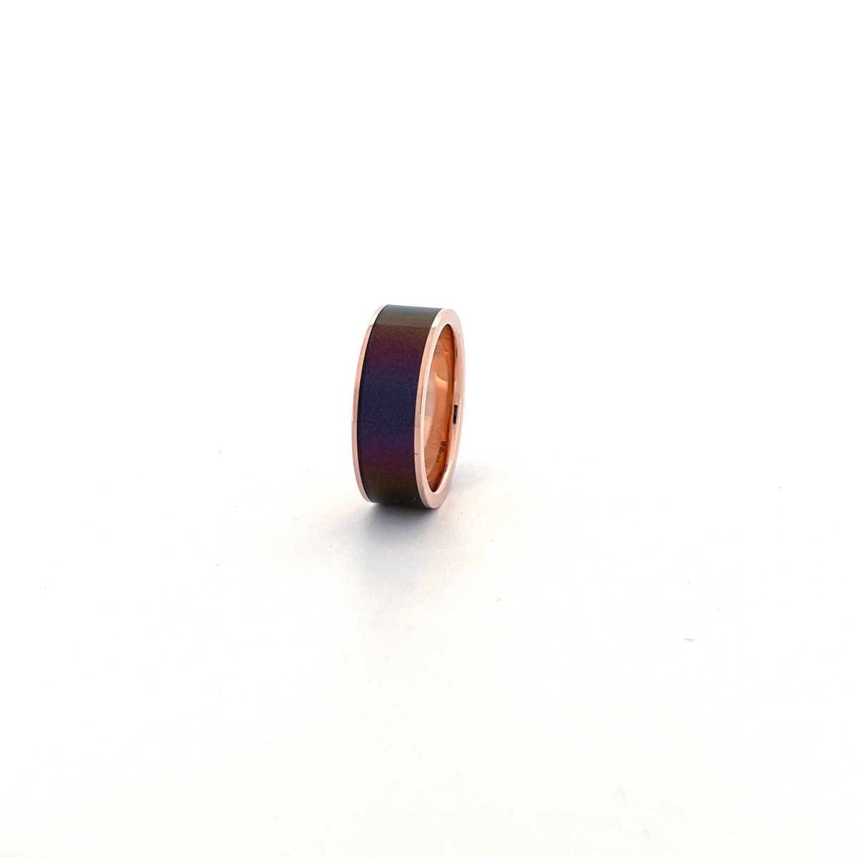 Color-Changing Opal inlay 14k rose gold wedding band 8mm, on the hand