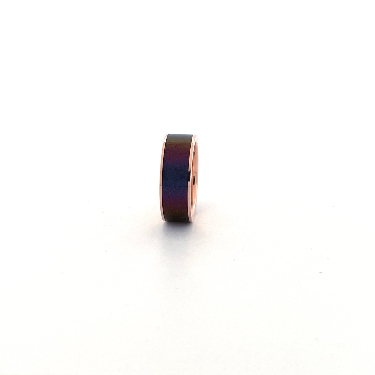 Color-Changing Opal inlay 14k rose gold wedding band 8mm, close-up of inlay