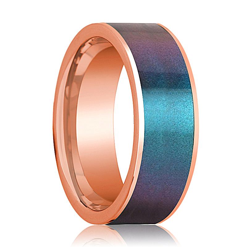 Color-Changing Opal inlay 14k rose gold wedding band 8mm, top view