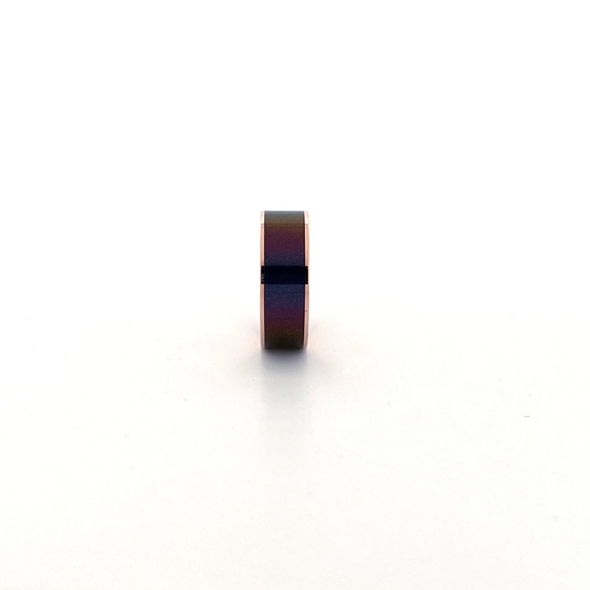 Color-Changing Opal inlay 14k rose gold wedding band 8mm, angled view