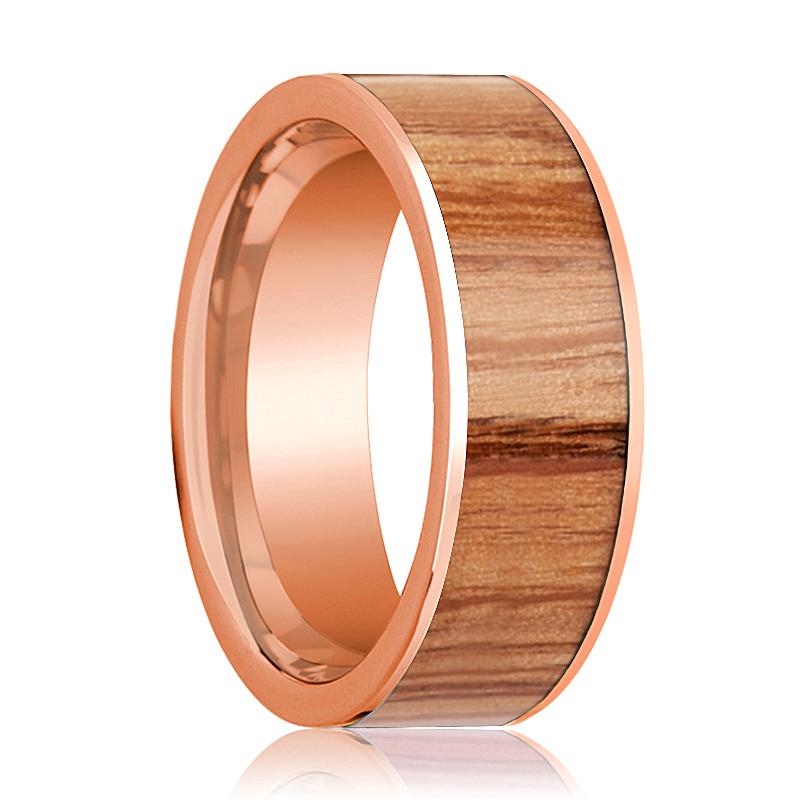 Red Oak Wood inlay 14k rose gold wedding band 8mm, top view