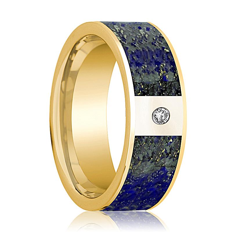 Lapis Lazuli inlay 14k yellow gold wedding band 8mm with diamond, top view