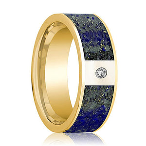 Lapis Lazuli inlay 14k yellow gold wedding band 8mm with diamond, top view