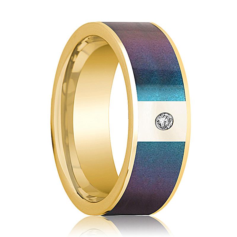Color-Changing Opal inlay 14k yellow gold wedding band 8mm with diamond, top view