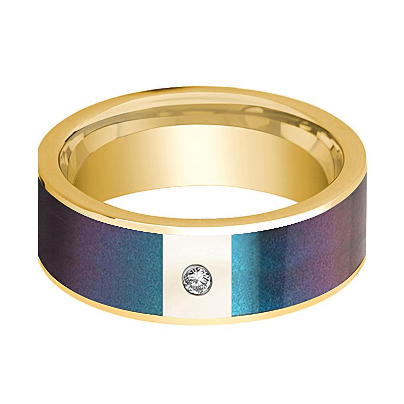 Color-Changing Opal inlay 14k yellow gold wedding band 8mm with diamond, side profile