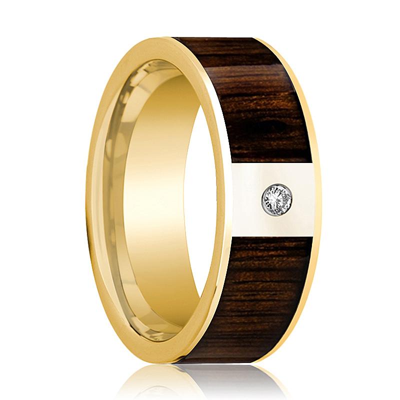 Black Walnut inlay 14k yellow gold wedding band 8mm with diamond, top view