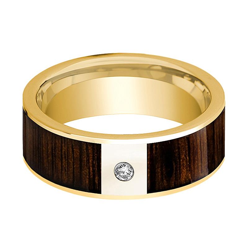Black Walnut inlay 14k yellow gold wedding band 8mm with diamond, side profile