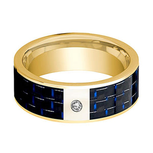 Black Carbon Fiber inlay 14k yellow gold wedding band 8mm with diamond, side profile