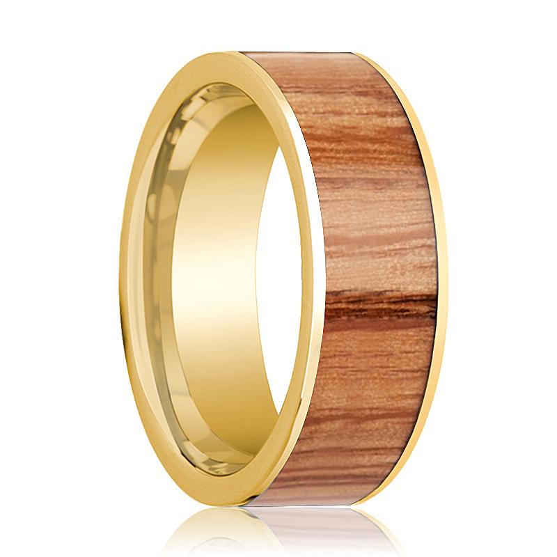 Red Oak Wood inlay 14k yellow gold wedding band 8mm, top view