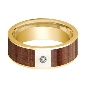Rosewood inlay 14k yellow gold wedding band 8mm with diamond, side profile
