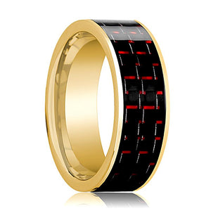 Red Carbon Fiber inlay 14k yellow gold wedding band 8mm, top view