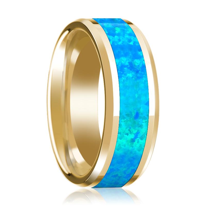 Blue Opal inlay 14k yellow gold wedding band 8mm, top view