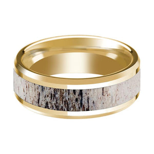 Deer Antler inlay 14k yellow gold wedding band 8mm, side profile