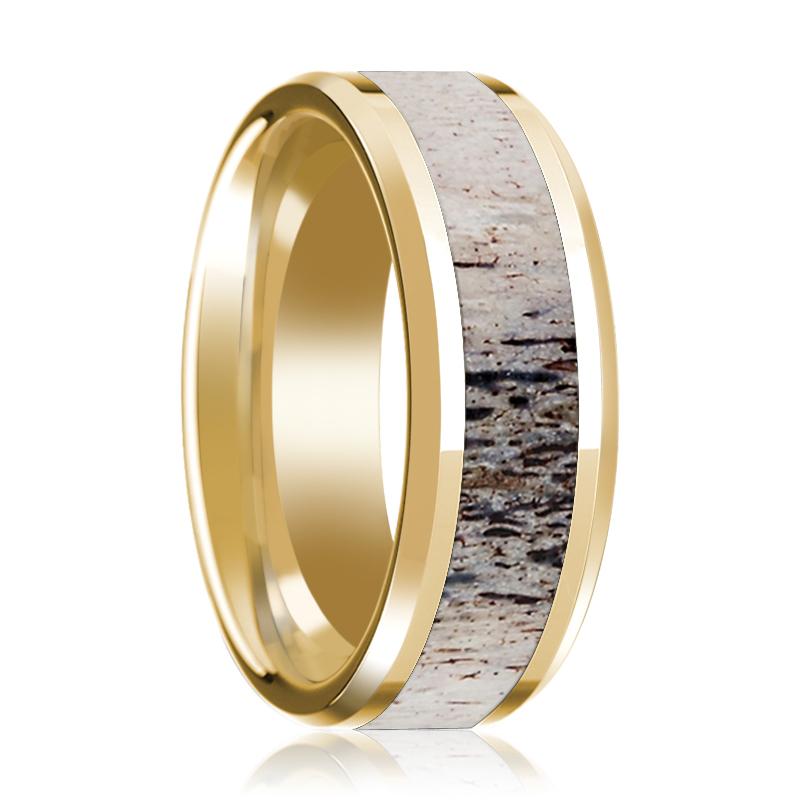 Deer Antler inlay 14k yellow gold wedding band 8mm, top view