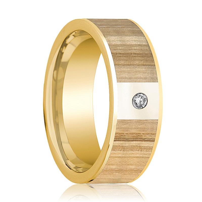 Ash Wood inlay 14k yellow gold wedding band 8mm with diamond, top view