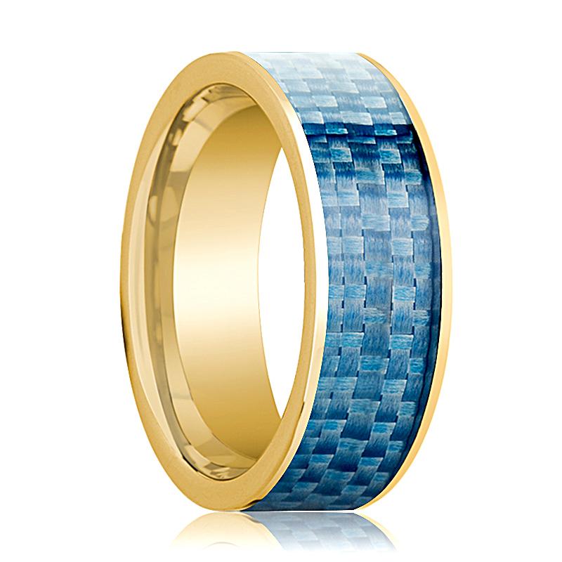 Blue Carbon Fiber inlay 14k yellow gold wedding band 8mm, top view