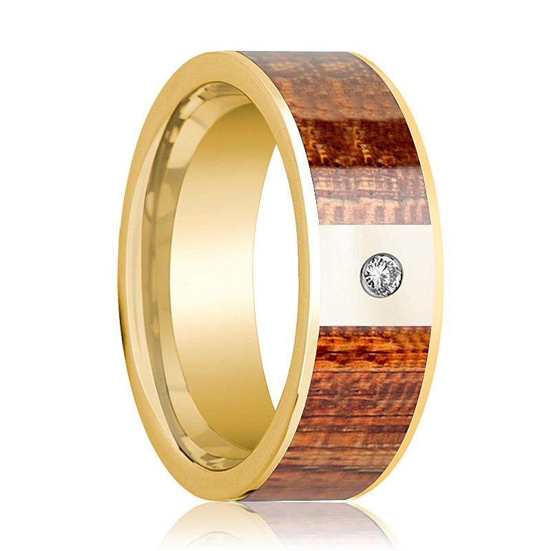 Mahogany inlay 14k yellow gold wedding band 8mm with diamond, top view
