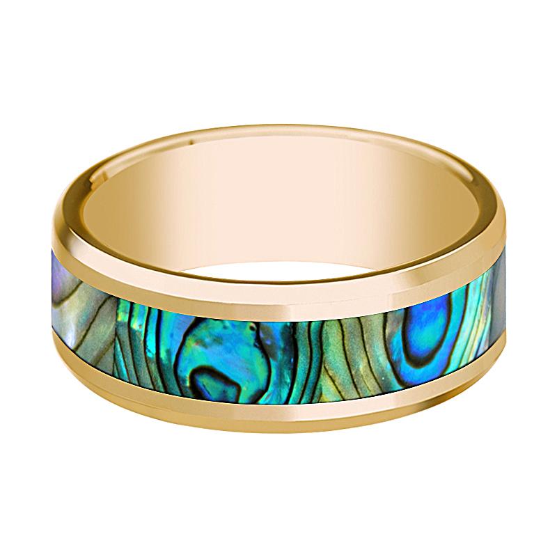 Mother of Pearl inlay 14k yellow gold wedding band 8mm, side profile