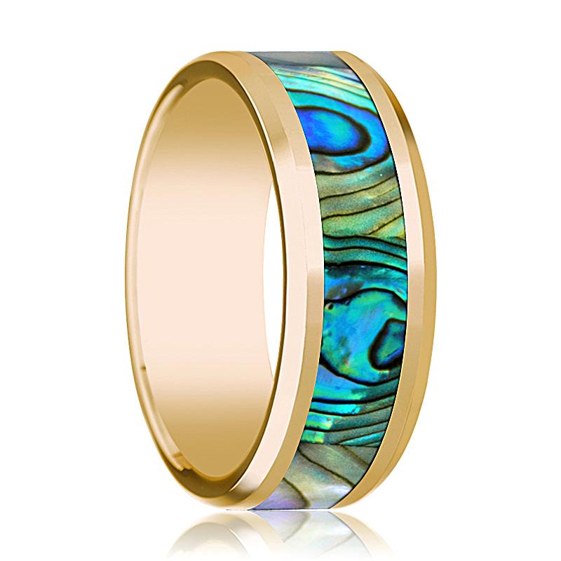 Mother of Pearl inlay 14k yellow gold wedding band 8mm, top view